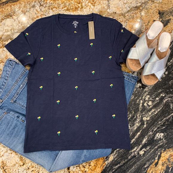 NWT J. Crew Navy Embroidered Tulips Slub Cotton Crewneck T-shirt - SIZE SMALL - Picture 2 of 7